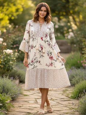 Knox Rose Boho Midi Maxi Cream Dress Pink & Green Floral Flowy Sleeves